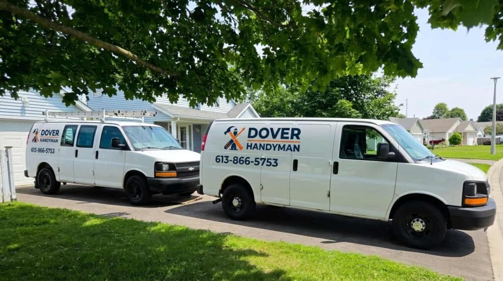 Two Dover Handyman work vans parked in a Port Dover driveway, Norfolk County Ontario