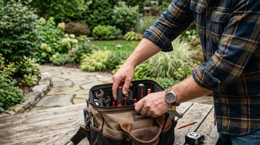 Dover Handyman reaching into a tool bag full of tools on a Port Dover job site
