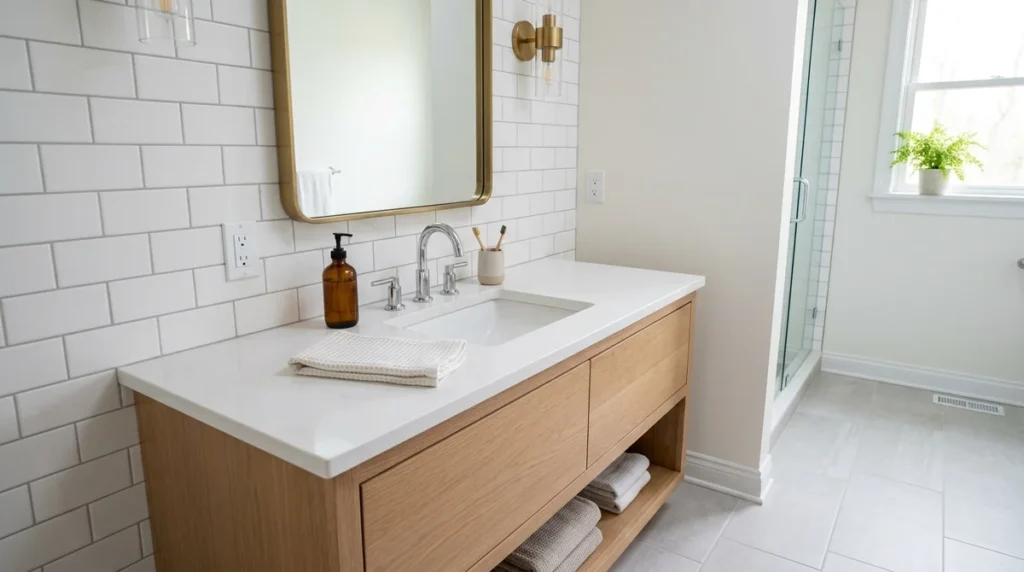 Bathroom tile installation around the vanity by Dover Handyman