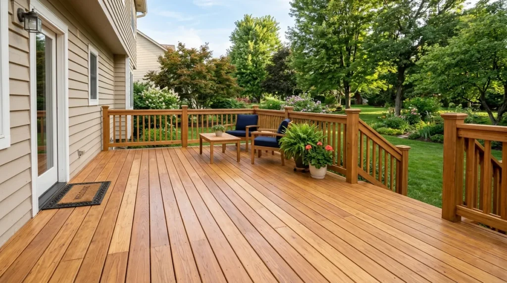Deck restoration with replaced boards and fresh staining by Dover Handyman