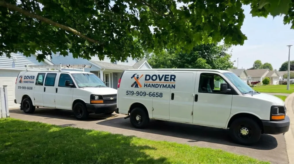 Dover Handyman work van with the phone number 519-909-6658 on the side, parked in a Port Dover driveway in Norfolk County Ontario